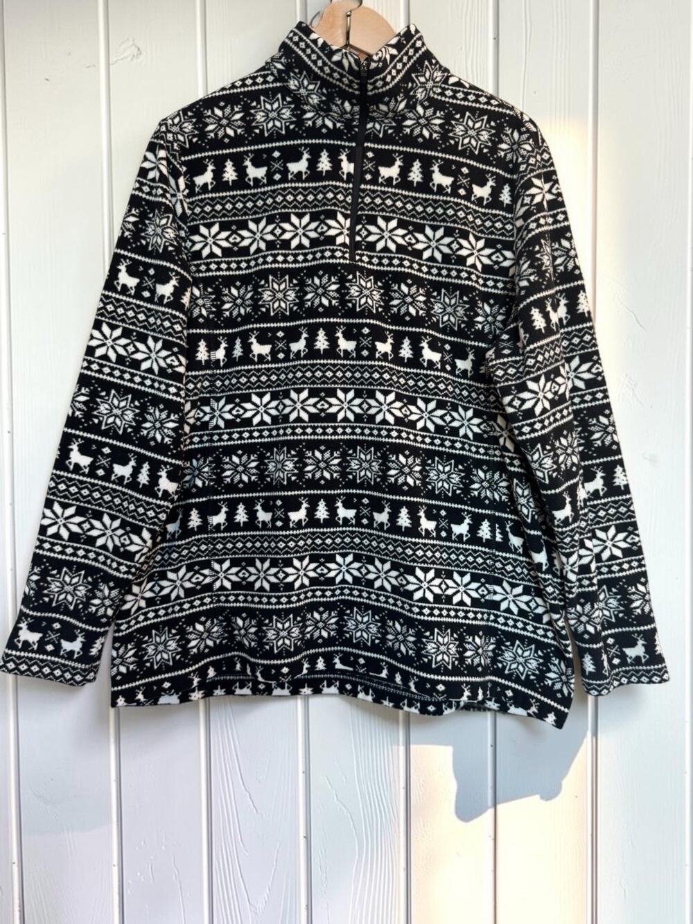 Lands' End Women's Black White Fair Isle 1/4 Zip Fleece Mock Cardigan Size XL